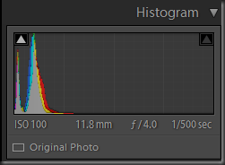 Histogtam of the RAW exposure showing peaks very near the left hand side