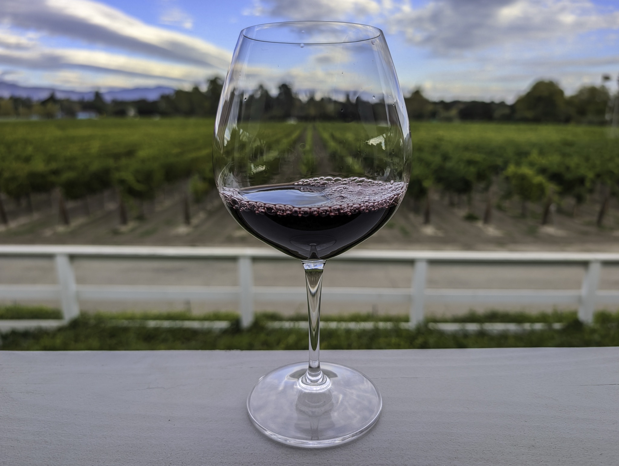 A glass of red wine sits on a table overlooking a vineyard at Lincourt Winery, with a white fence and distant hills under a cloudy sky.