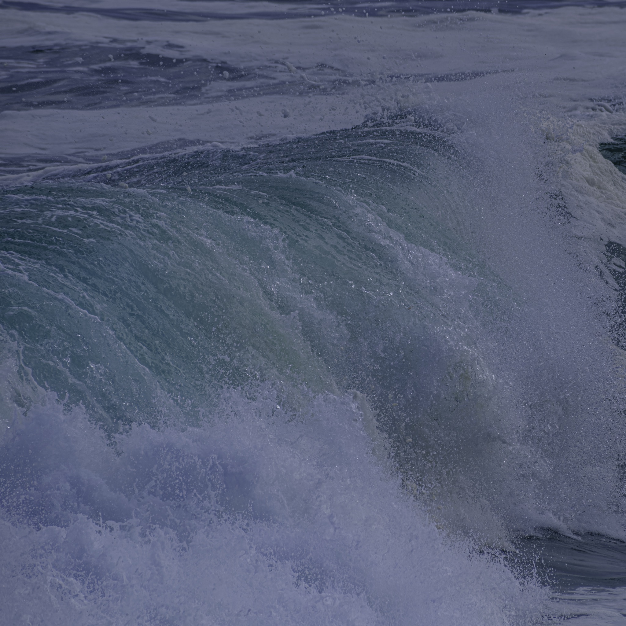 A close-up of a breaking ocean wave with white foam and spray, captured in cool blue and grey tones.