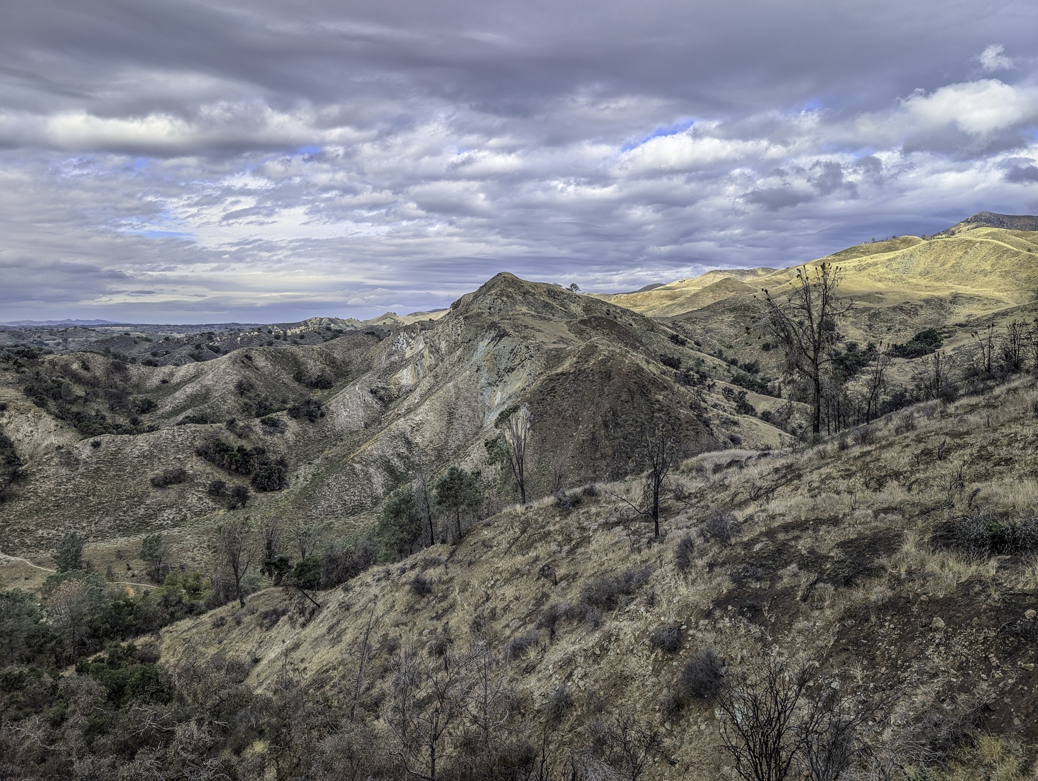 Rugged, dry hills with sparse vegetation and scattered trees rise under a dramatic, overcast sky at Lover's Loop Trail in California.