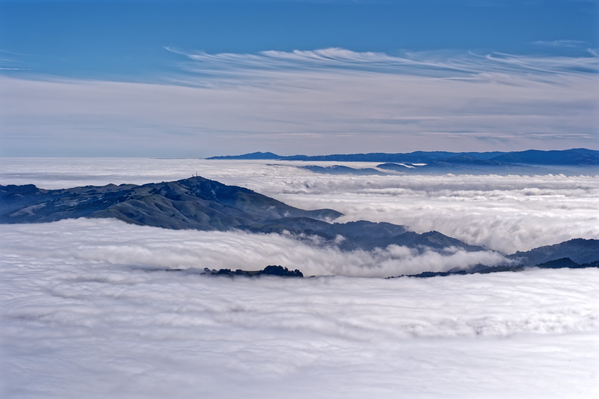 Rolling green hills of Mt Diablo rise above a thick, white sea of clouds under a blue sky with thin, wispy cirrus clouds.