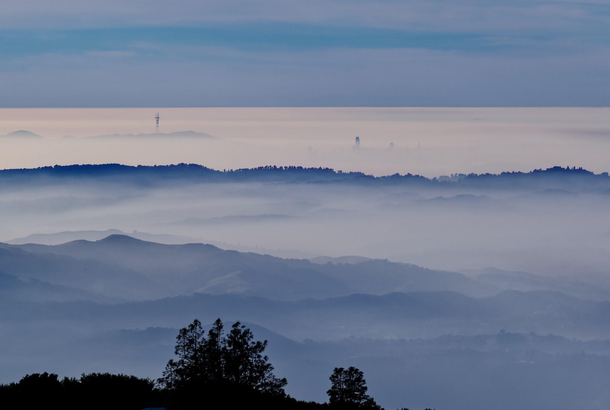 Layered blue ridges of Mt Diablo rise through a thick sea of fog, with a faint city skyline and a radio tower visible on the horizon.