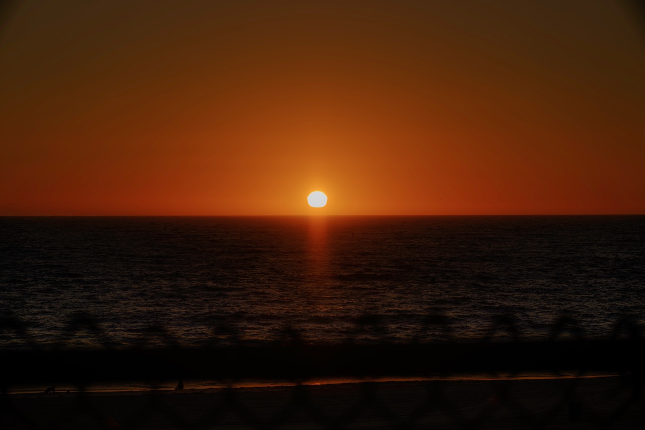 A bright sun sits on the horizon over a dark ocean, casting a glowing reflection on the water, with a blurred chain-link fence in the foreground.